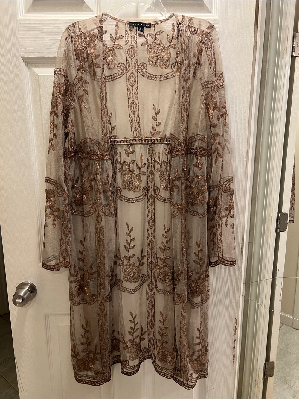 Haute Monde Sheer Taupe Kimono with Copper Embroidery